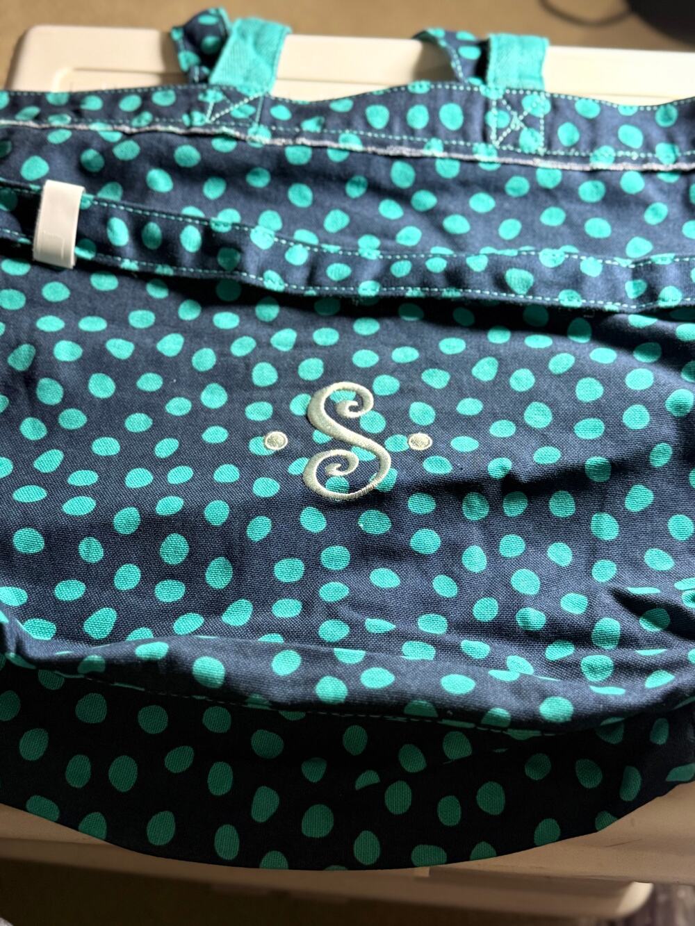 Thirty-one 31 Retro Metro Fold Over Canvas Tote Bag Navy Lotsa Dots